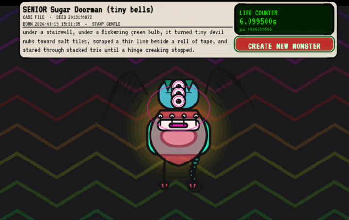 An odd creature with eyes, bodyparts and more. It is destined to die.