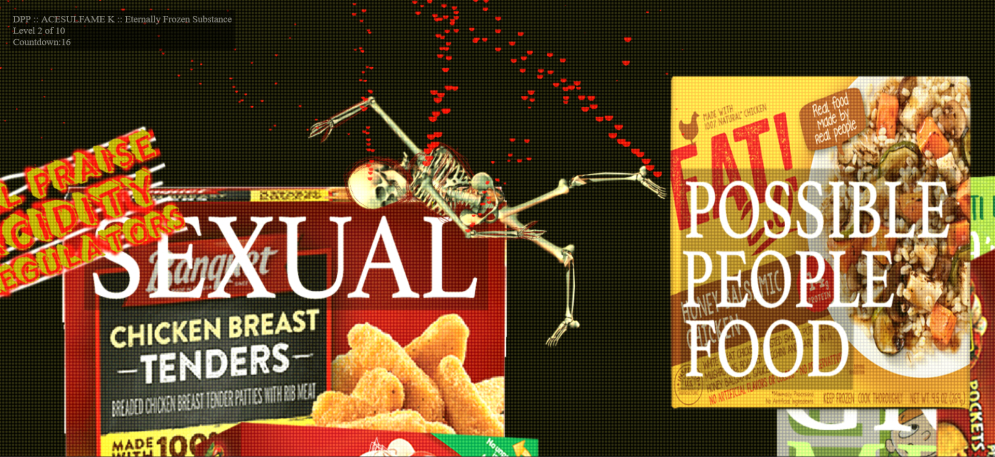 A bleeding skeleton that is colliding into a box of chicken tenders.