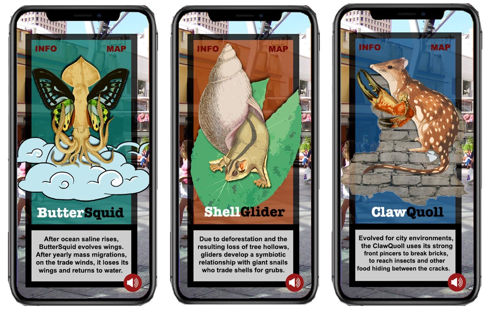 Three separate phone screens that depict impossible animals. One of them is a
                                        mix between a butterfly and a squid, a second one depicts a mix between a snail and a squirrel, and the third one depicts
                                        a mix between a crab and a mouse. They are all drawn in an oldschool style.