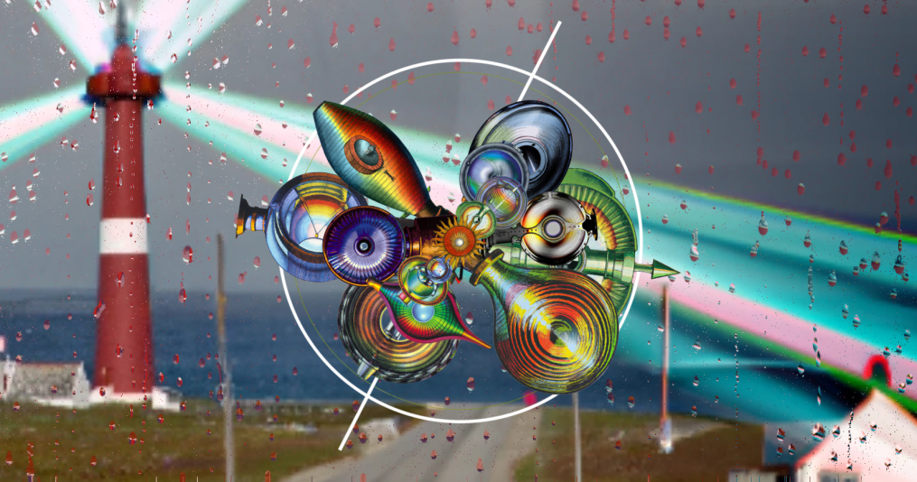 A colorful vizual, droplets of rain and a lighthouse in the distance.