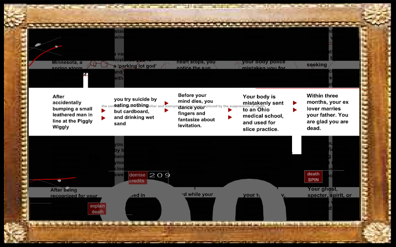 Pieces of text arranged in a line as if it was a roulette wheel.
                                        The roulette itself is put in old, wooden frames. The text tell you how you will die.