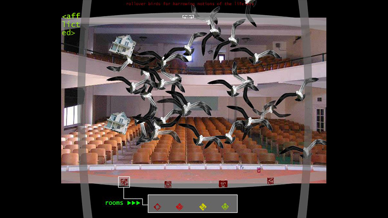 An image of a theater, taken from the scene, looking
                                        into an array of empty seats in borad daylight. The same png of a seagull overlaps the environment.