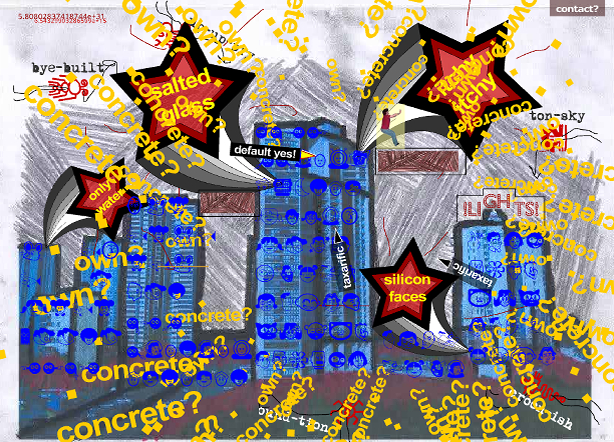 A blue cityscape with red, big stars and yellow text on top of it.