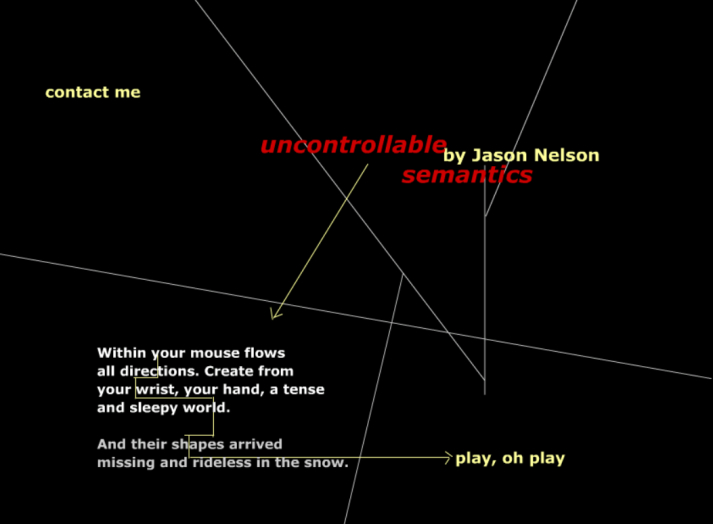 A black void with colorful lines and a text that reads 'Uncontrollable Semantics'
                                        and instructions on how to play.
